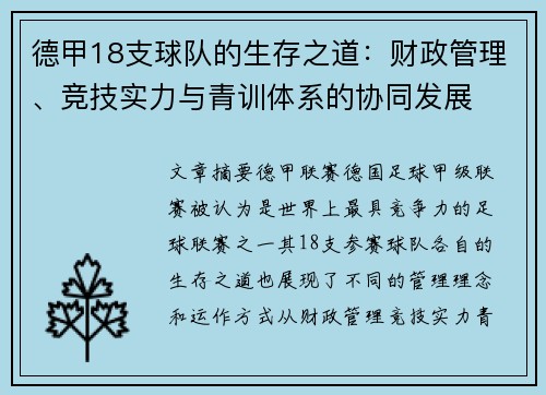 德甲18支球队的生存之道：财政管理、竞技实力与青训体系的协同发展