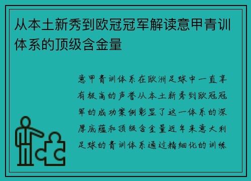 从本土新秀到欧冠冠军解读意甲青训体系的顶级含金量