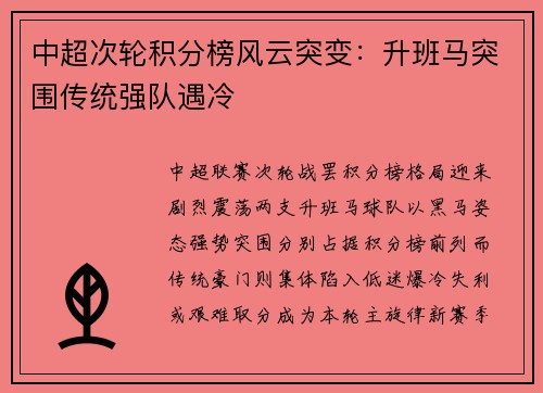 中超次轮积分榜风云突变：升班马突围传统强队遇冷