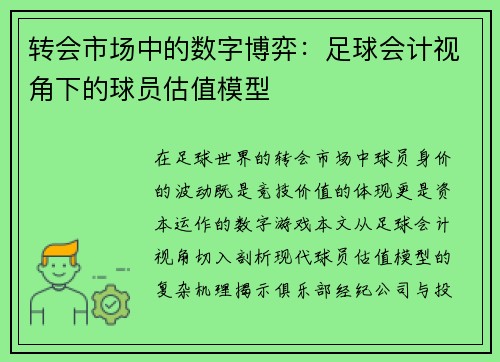 转会市场中的数字博弈：足球会计视角下的球员估值模型
