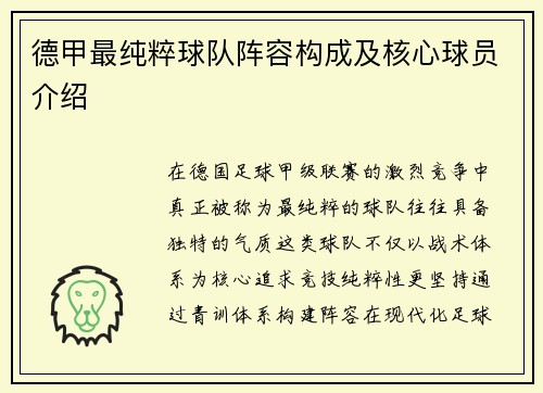 德甲最纯粹球队阵容构成及核心球员介绍