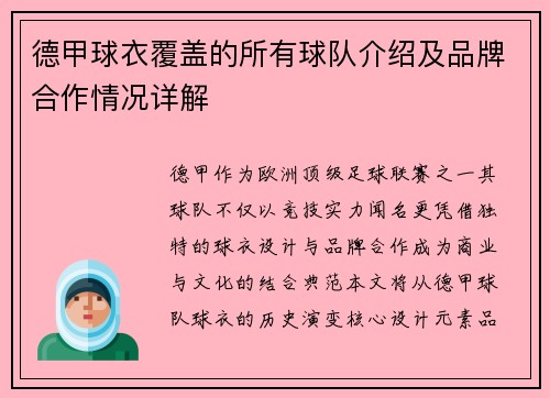 德甲球衣覆盖的所有球队介绍及品牌合作情况详解