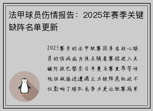 法甲球员伤情报告：2025年赛季关键缺阵名单更新